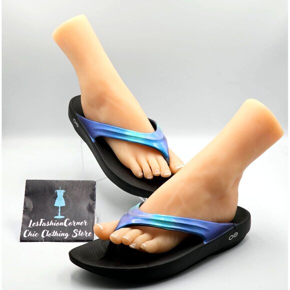 Oofos Women's Iridescent Black & Blue Oolala Luxe Flip Flops Size W10 2831 - Picture 14 of 16